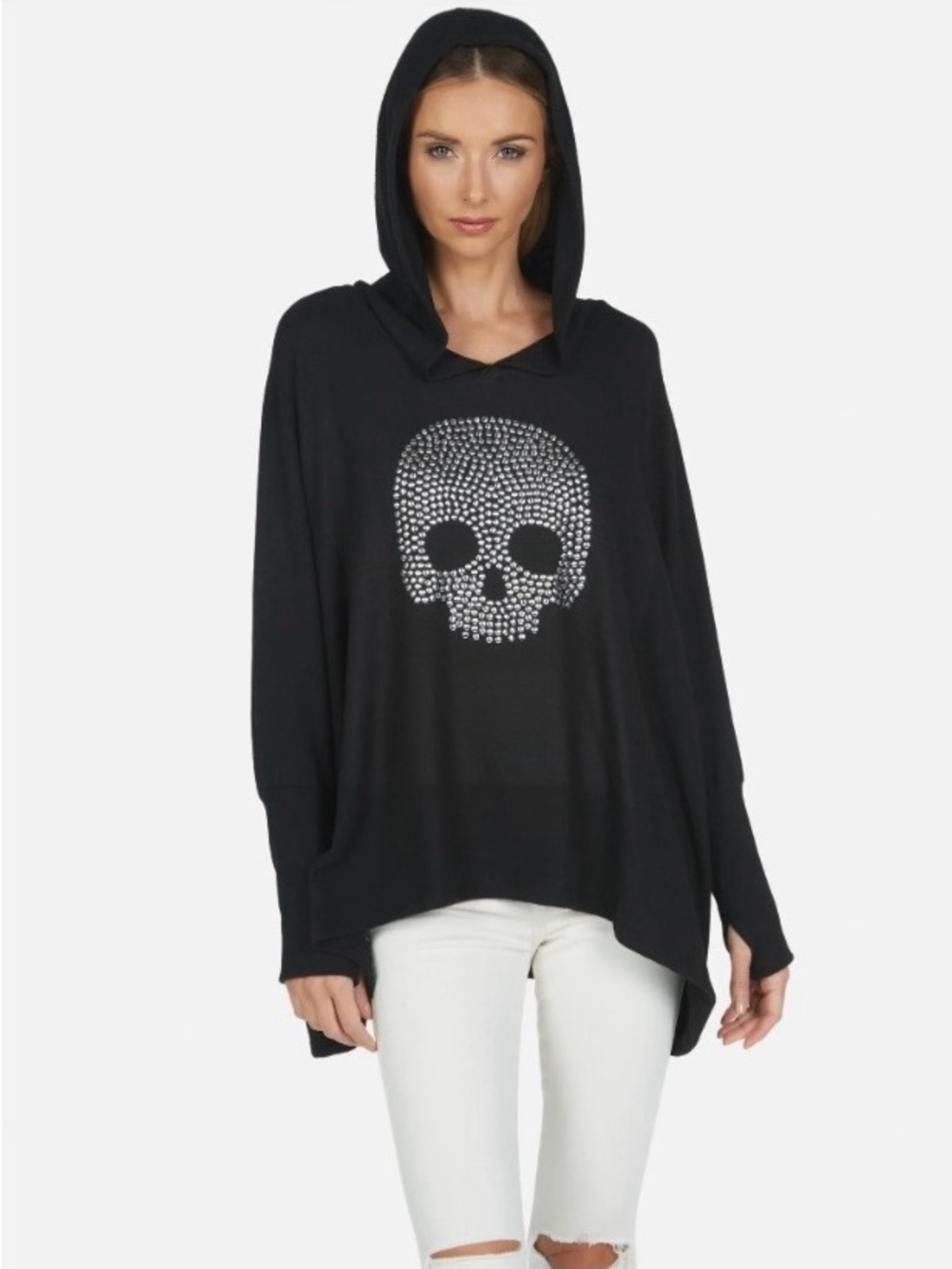 Lauren Moshi/Black/Silver Nailheads/ Skull Hooded/Oversized V-Neck Pullover/NWT!